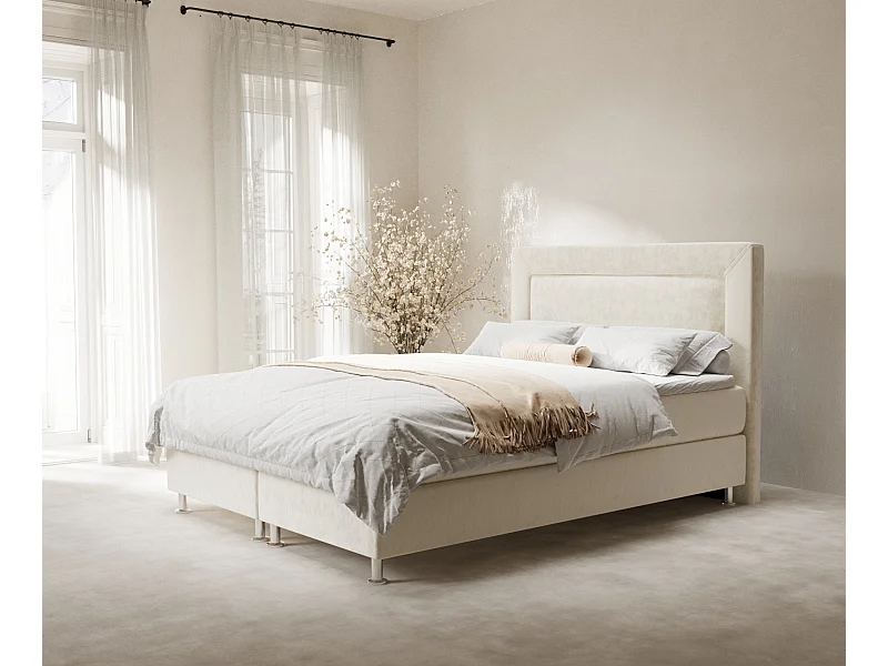 Łóżko boxspring w tkaninie welwetowej Laguno - materac - topper - 140x200 cm - kremowy