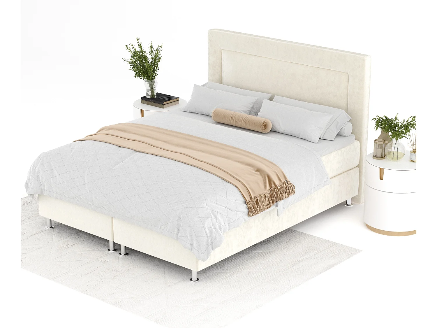 Lit boxspring en tissu velours Laguno - matelas - surmatelas - 140x200 cm - creme