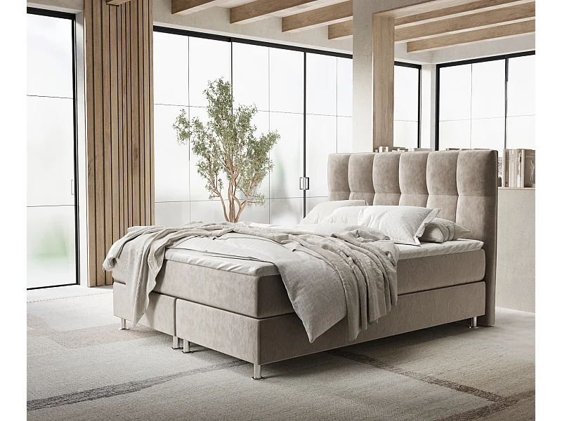 Lit boxspring en tissu velours Elisio - matelas - surmatelas - 200x200 cm - taupe