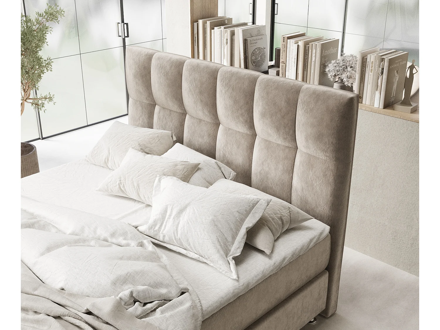 Lit boxspring en tissu velours Elisio - matelas - surmatelas - 200x200 cm - taupe