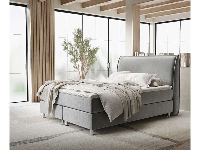 Łóżko boxspring w tkaninie welwetowej Chermin - materac - topper - 160x200 cm - szary