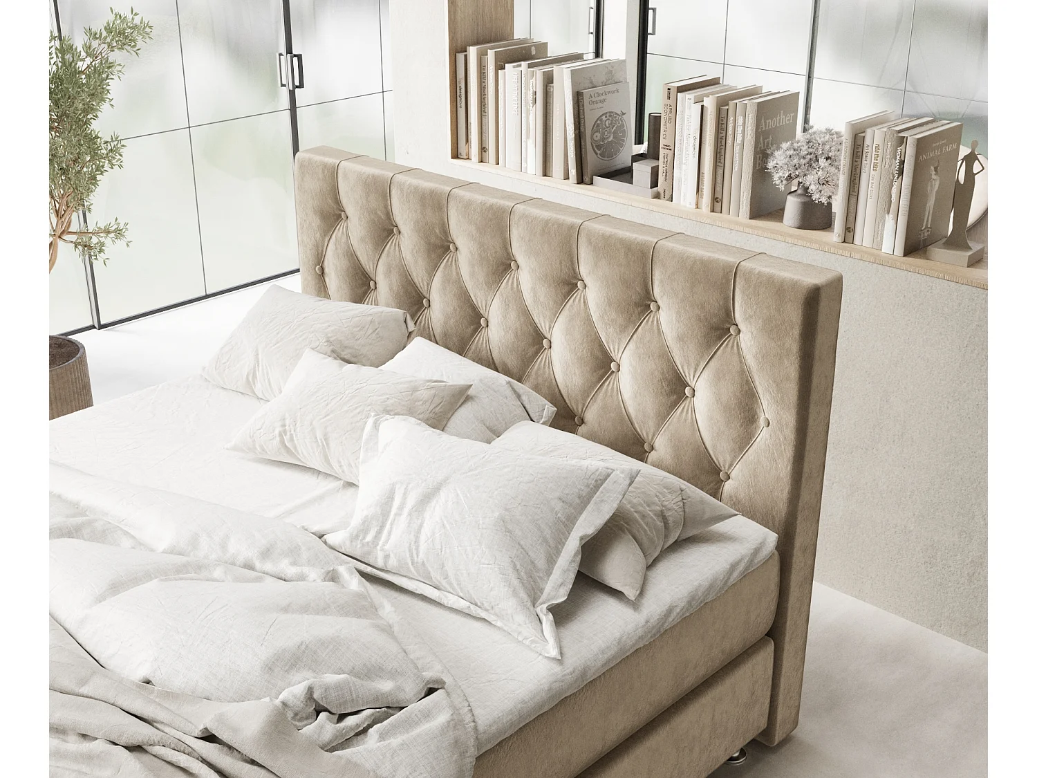 Łóżko boxspring w tkaninie welwetowej Excelsior - materac - topper - 140x200 cm - beżowy