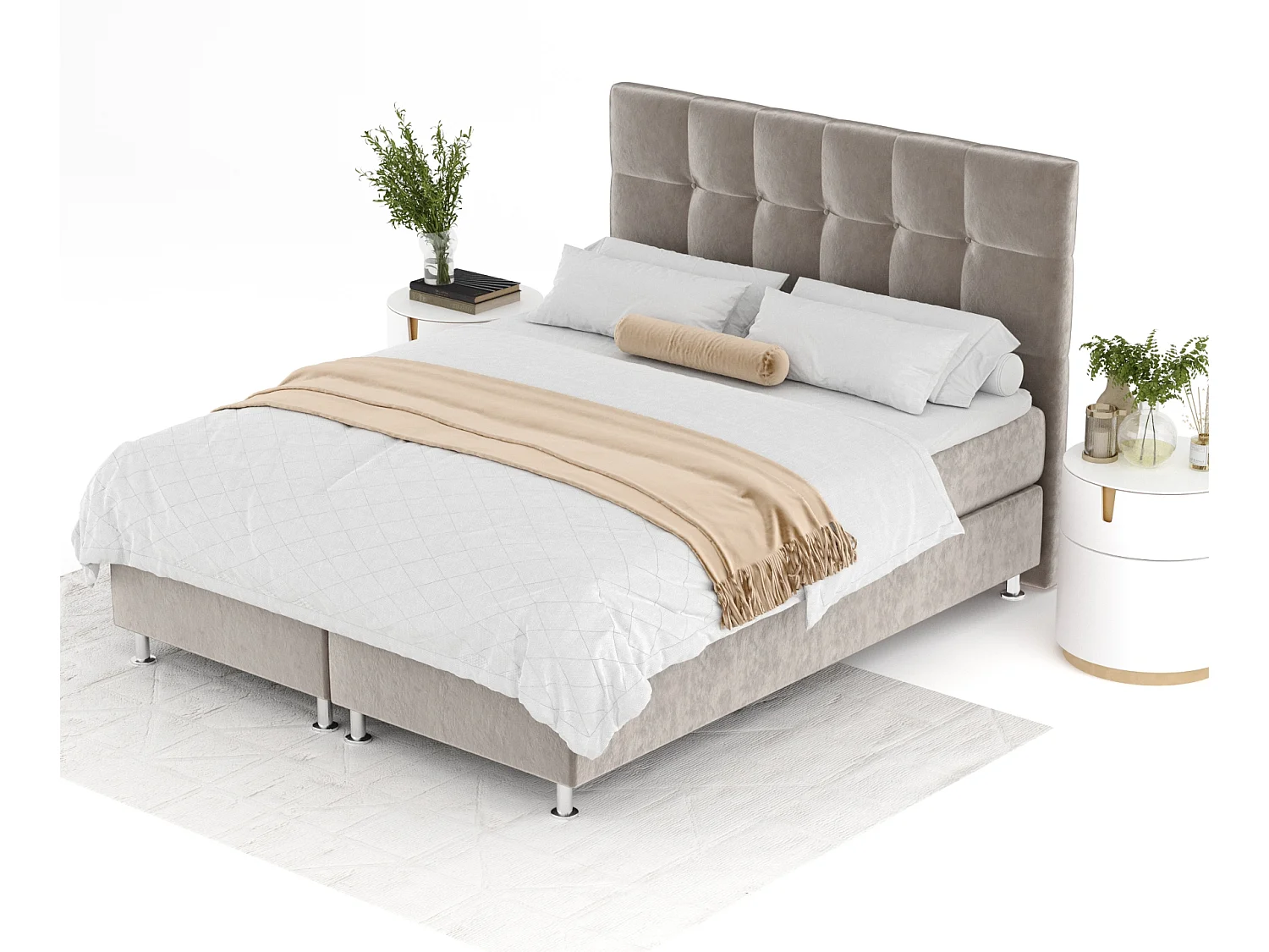 Lit boxspring en tissu velours Chanton - matelas - surmatelas - 140x200 cm - taupe