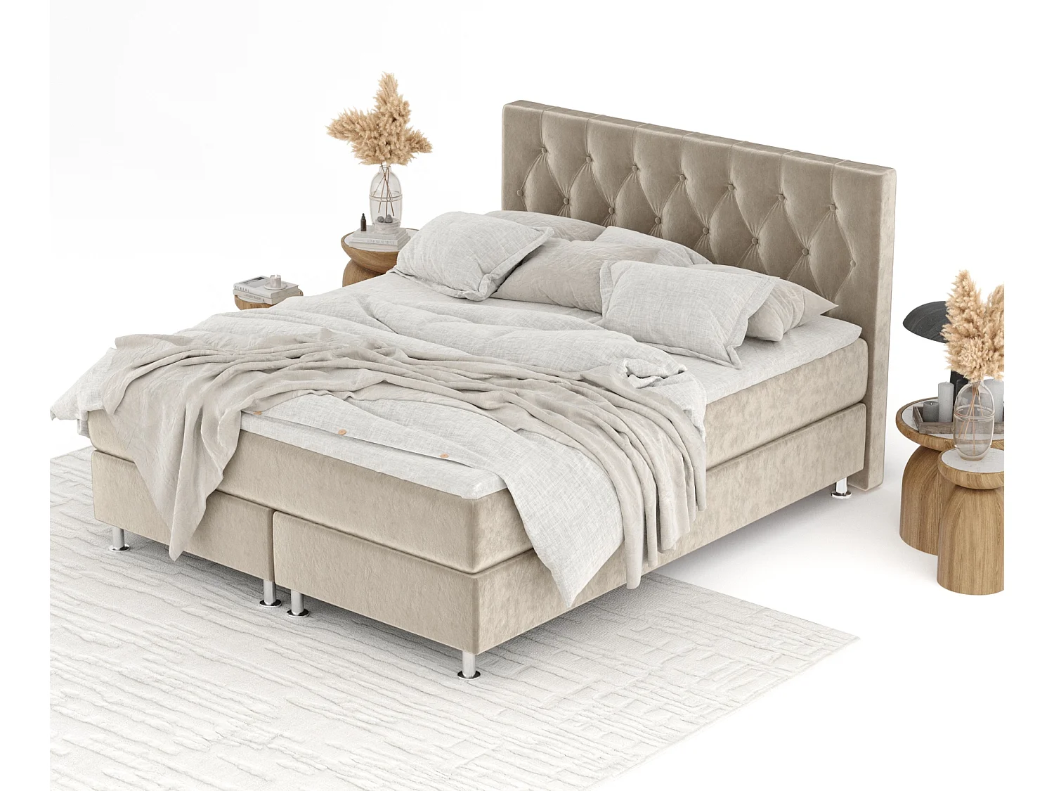 Boxspringbett aus Samtstoff Excelsior - Matratze - Toppermatratze - 180x200 cm - beige