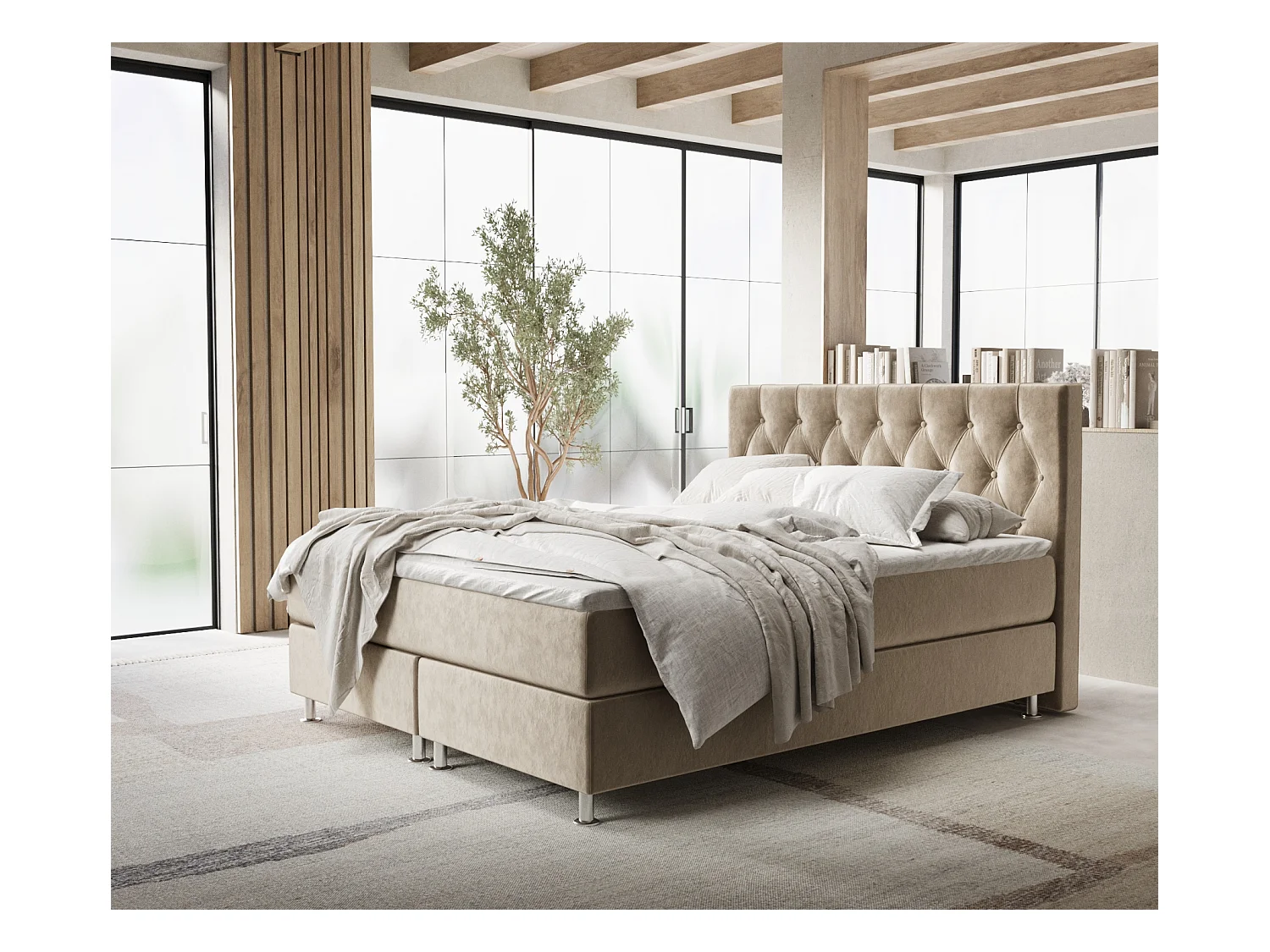Lit boxspring en tissu velours Excelsior - matelas - surmatelas - 180x200 cm - beige