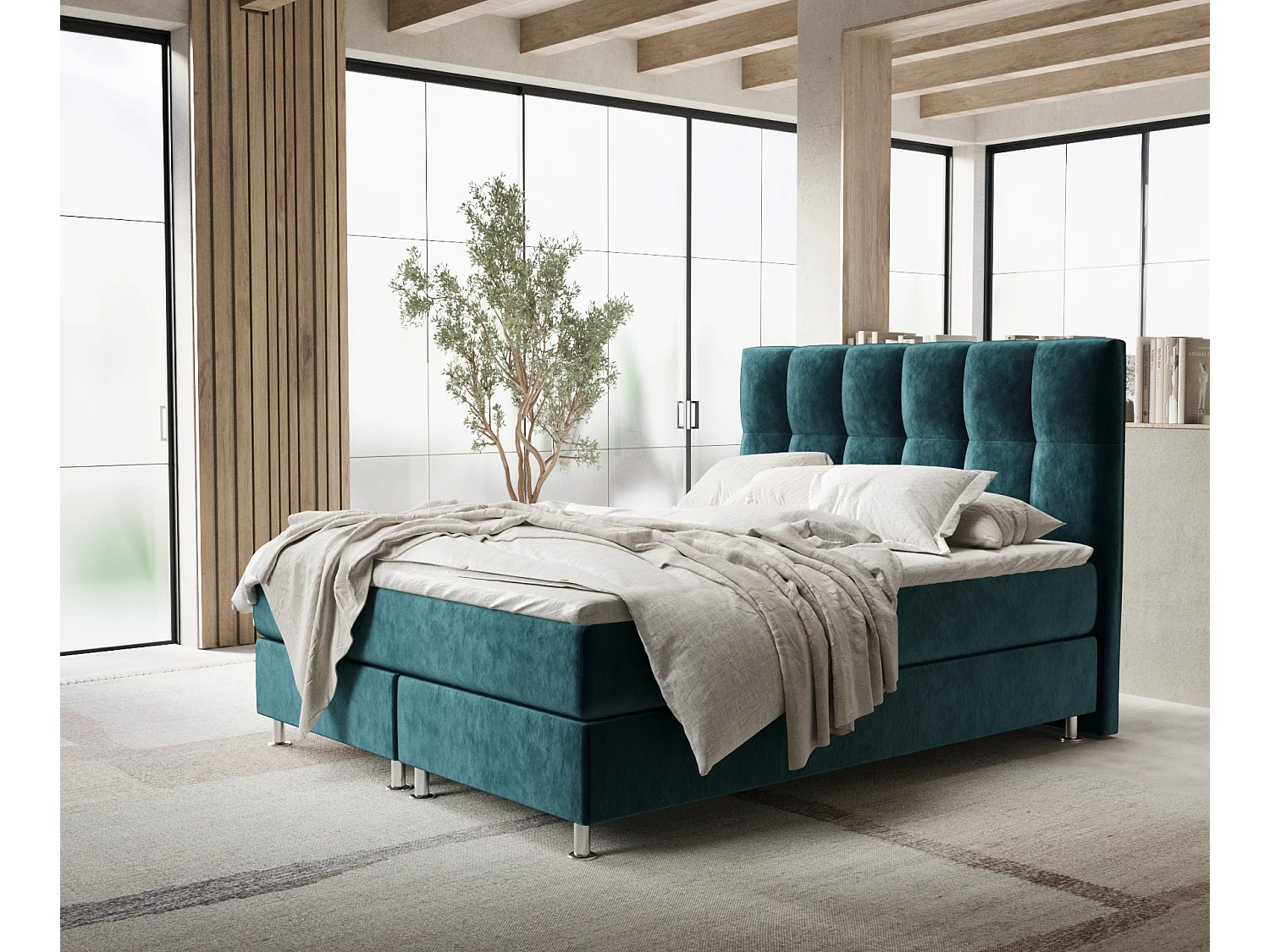 Boxspringbett aus Samtstoff Elisio - Matratze - Toppermatratze - 200x200 cm - türkisfarbe