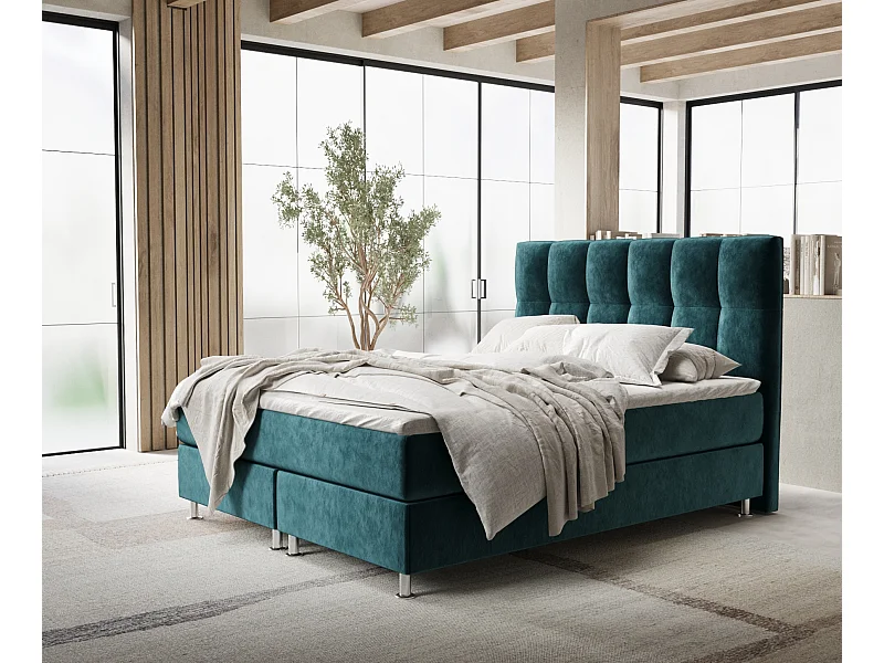 Łóżko boxspring w tkaninie welwetowej Elisio - materac - topper - 200x200 cm - turkusowy