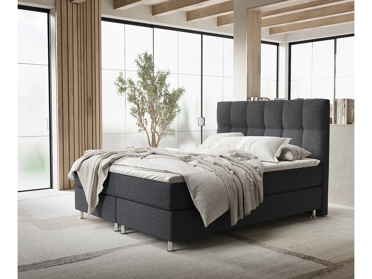 Lit boxspring en toile tissée Elisio - matelas - surmatelas - 140x200 cm - noir