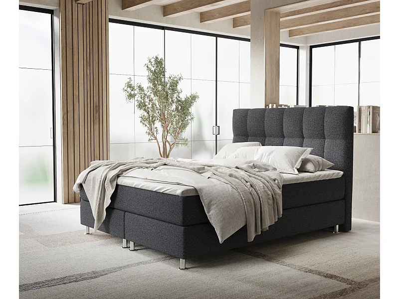 Łóżko boxspring w tkaninie plecionej Elisio - materac - topper - 140x200 cm - czarny