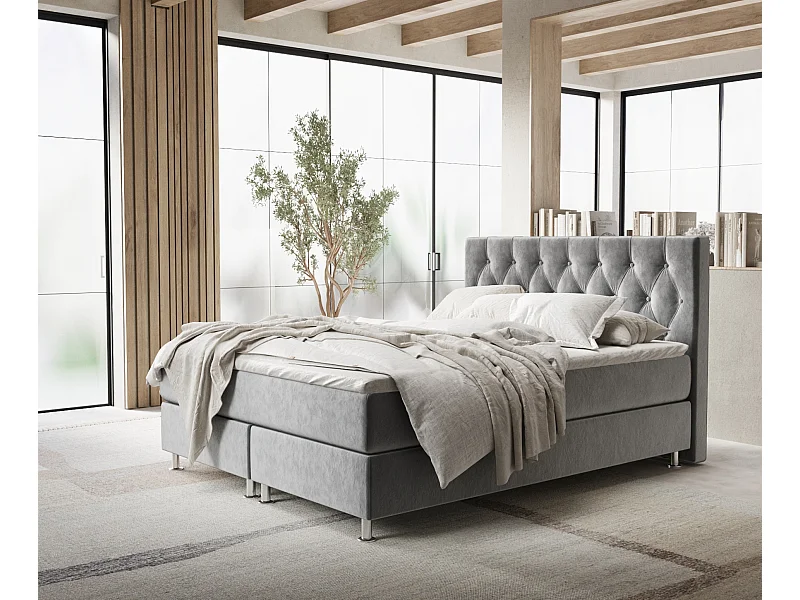 Boxspringbett aus Samtstoff Excelsior - Matratze - Toppermatratze - 180x200 cm - grau