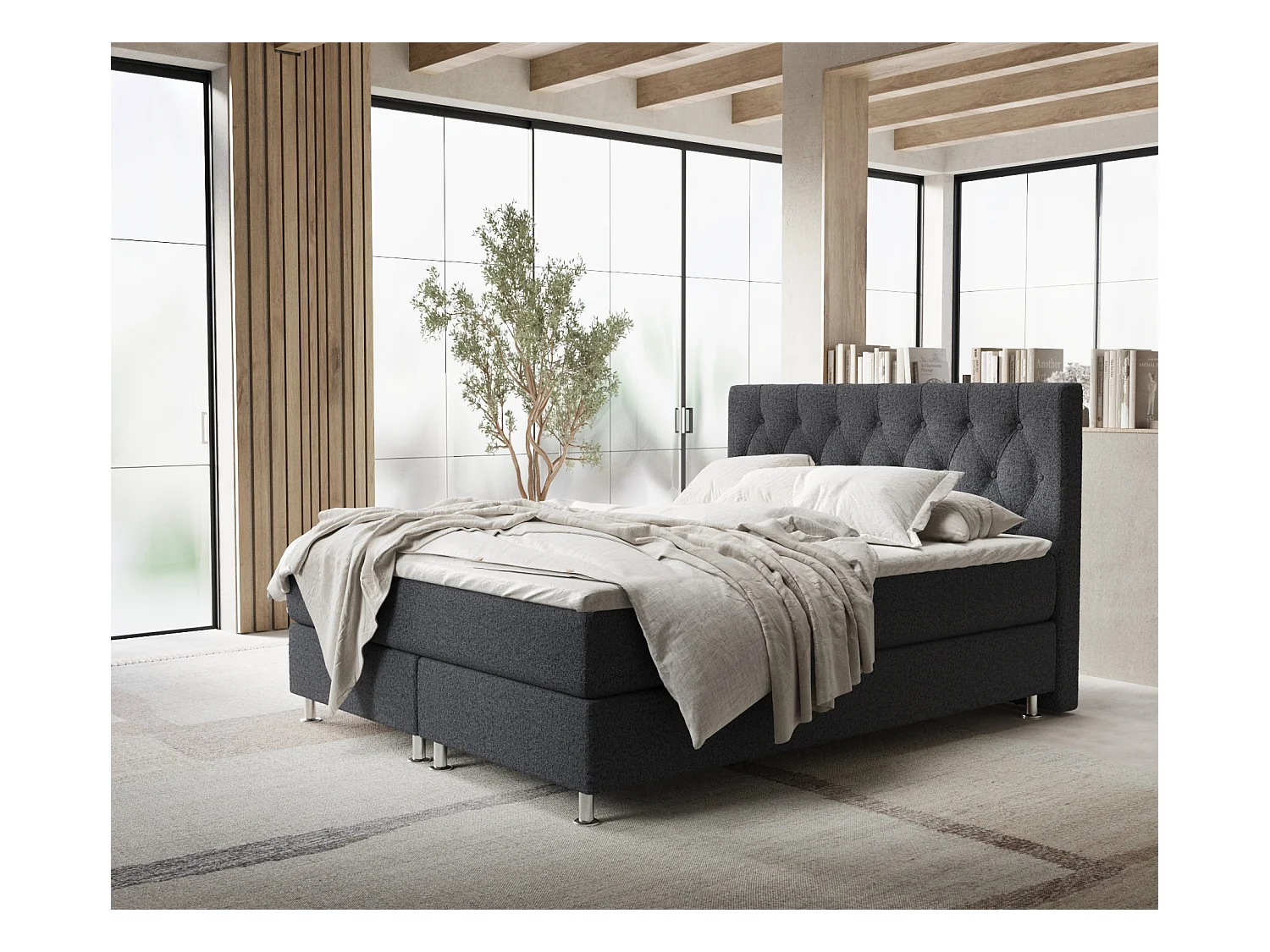 Lit boxspring en toile tissée Excelsior - matelas - surmatelas - 160x200 cm - noir