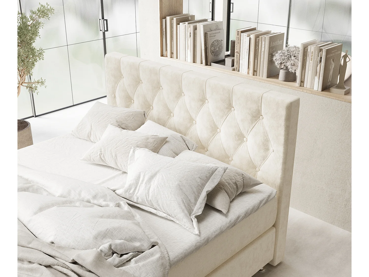 Boxspringbett aus Samtstoff Excelsior - Matratze - Toppermatratze - 200x200 cm - creme