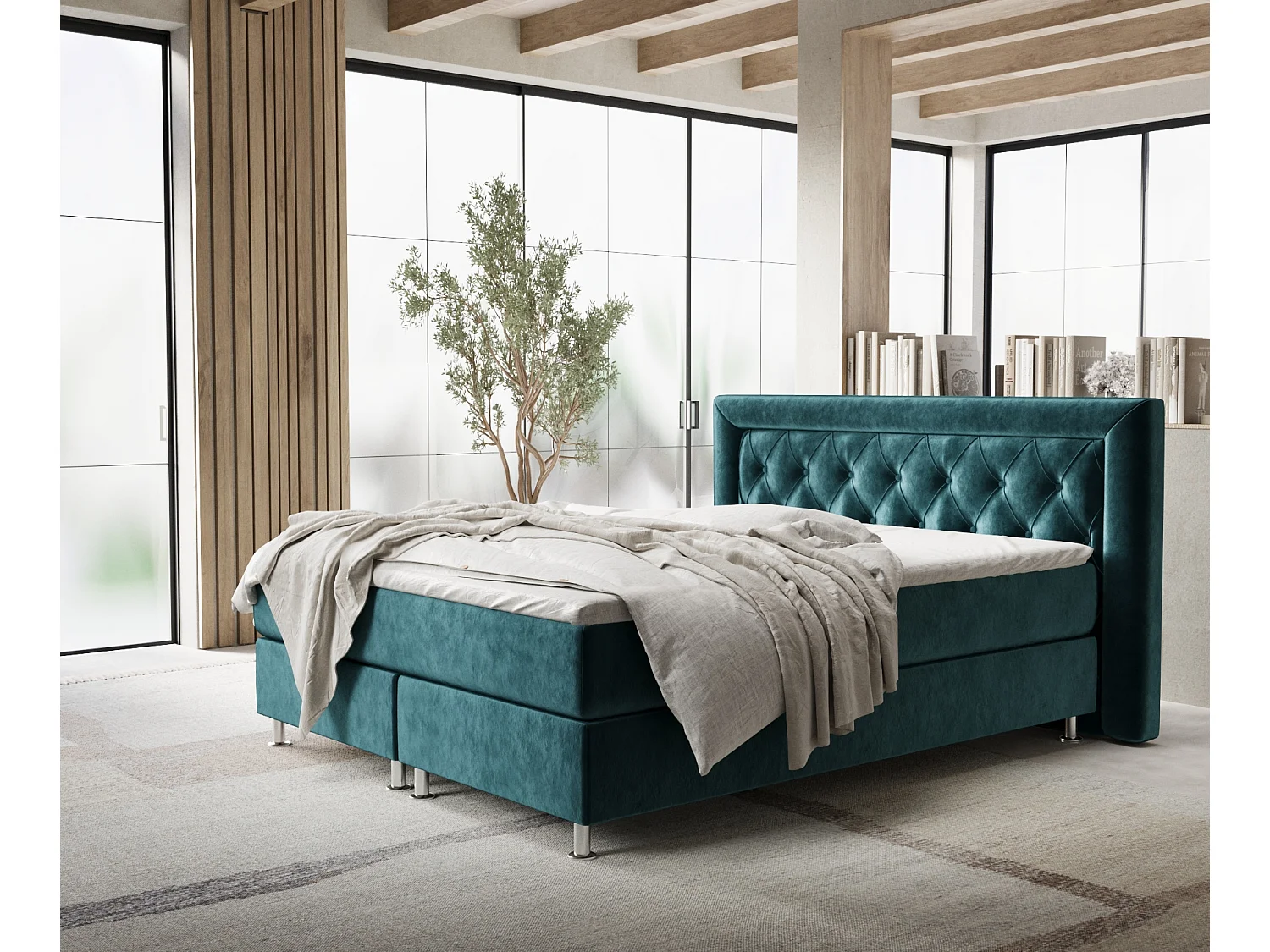 Lit boxspring en tissu velours Lavello - matelas - surmatelas - 200x200 cm - turquoise