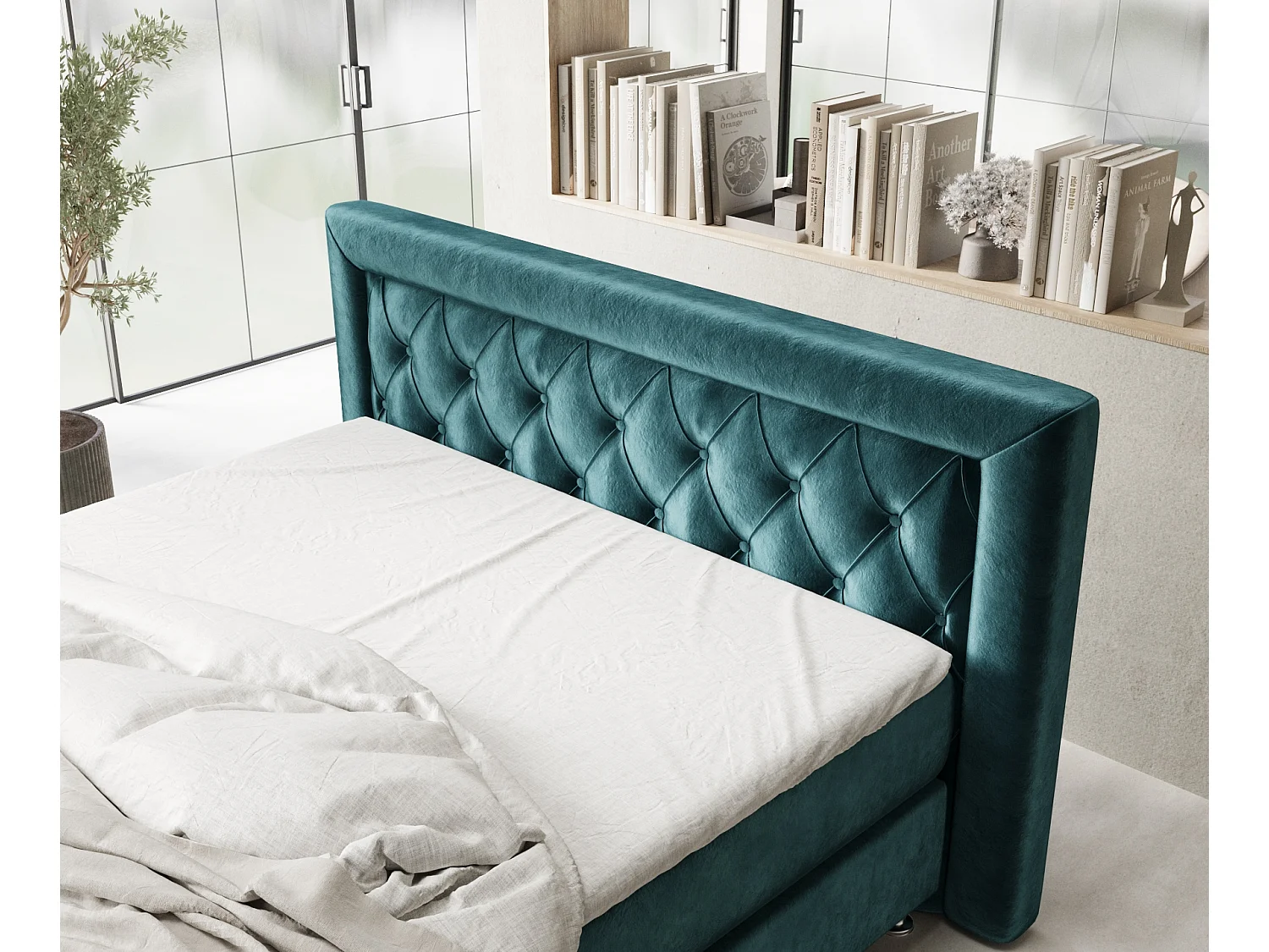 Lit boxspring en tissu velours Lavello - matelas - surmatelas - 200x200 cm - turquoise