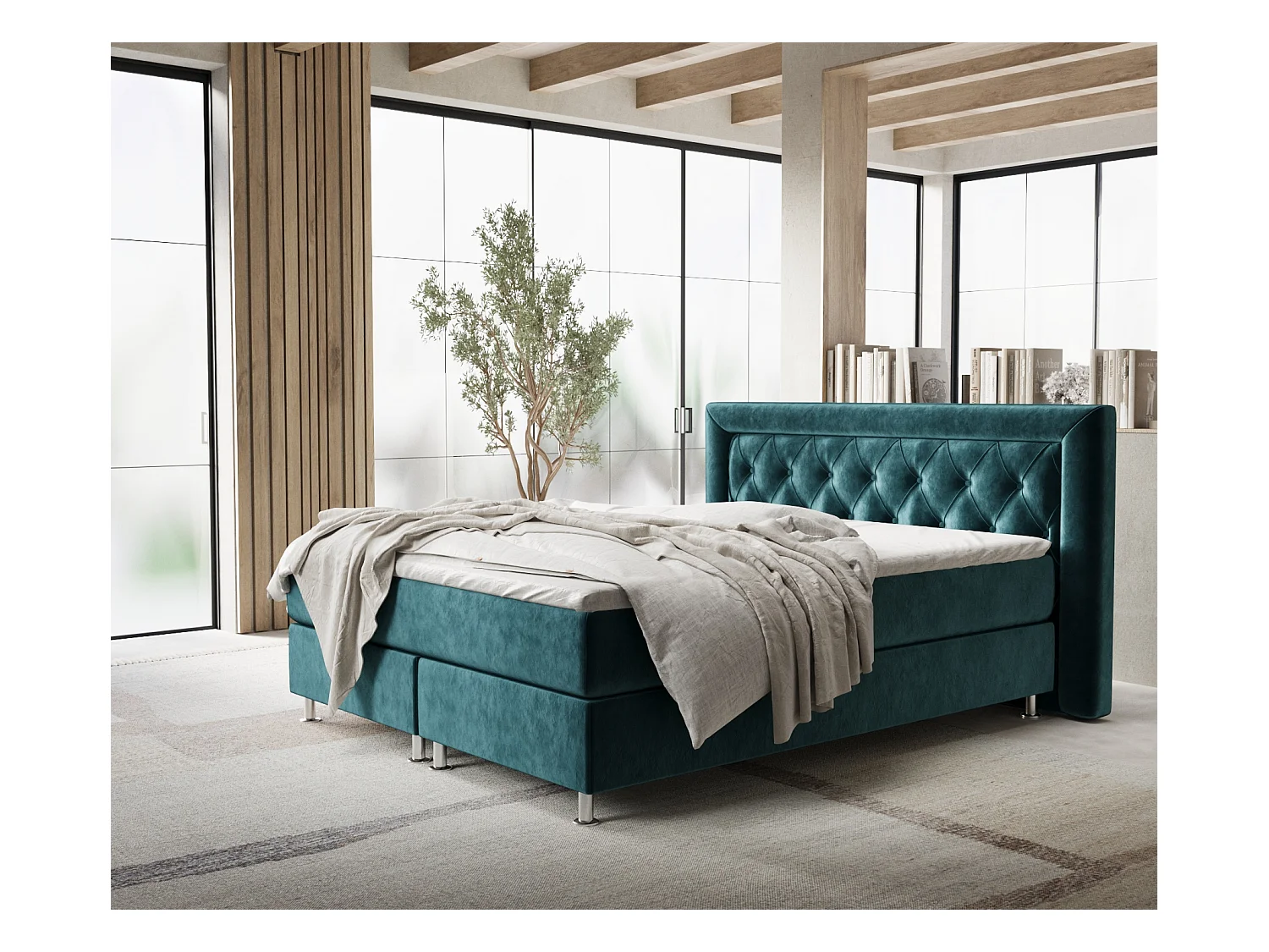 Lit boxspring en tissu velours Lavello - matelas - surmatelas - 200x200 cm - turquoise