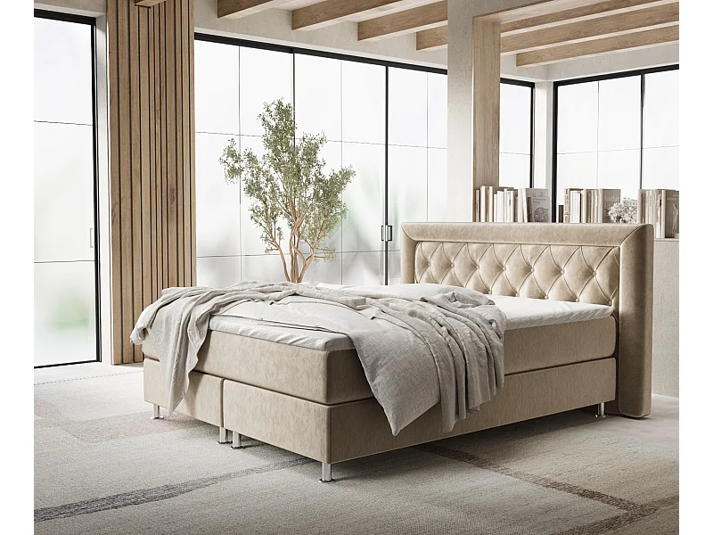 Lit boxspring en tissu velours Lavello - matelas - surmatelas - 140x200 cm - beige