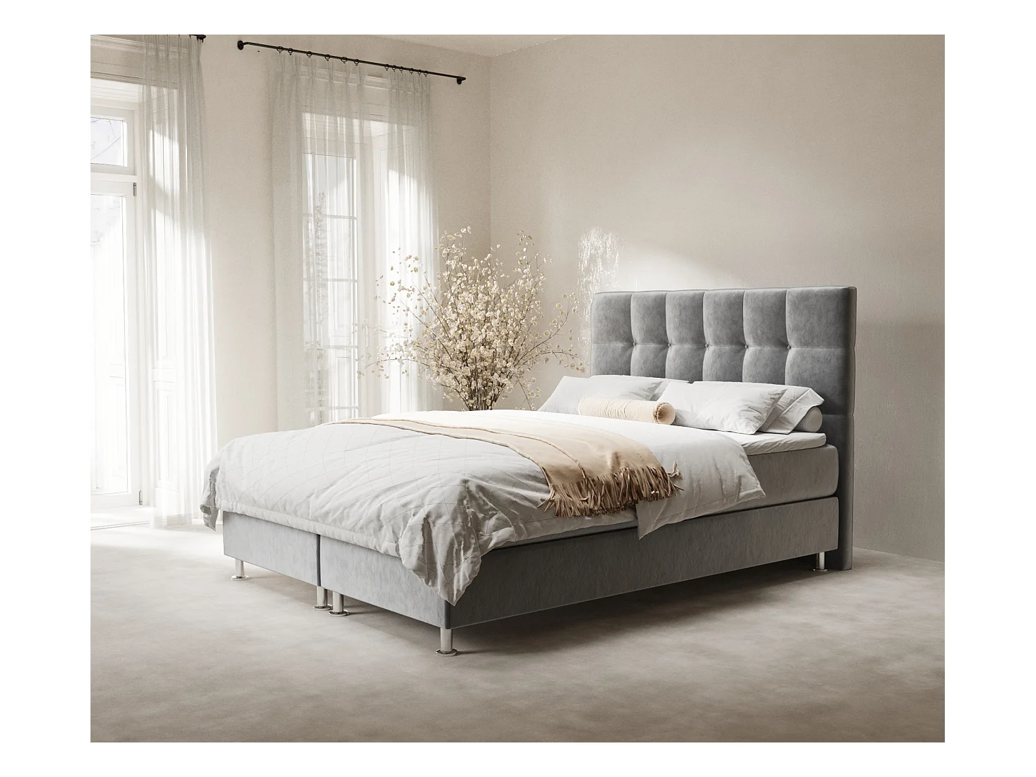 Lit boxspring en tissu velours Chanton - matelas - surmatelas - 160x200 cm - gris