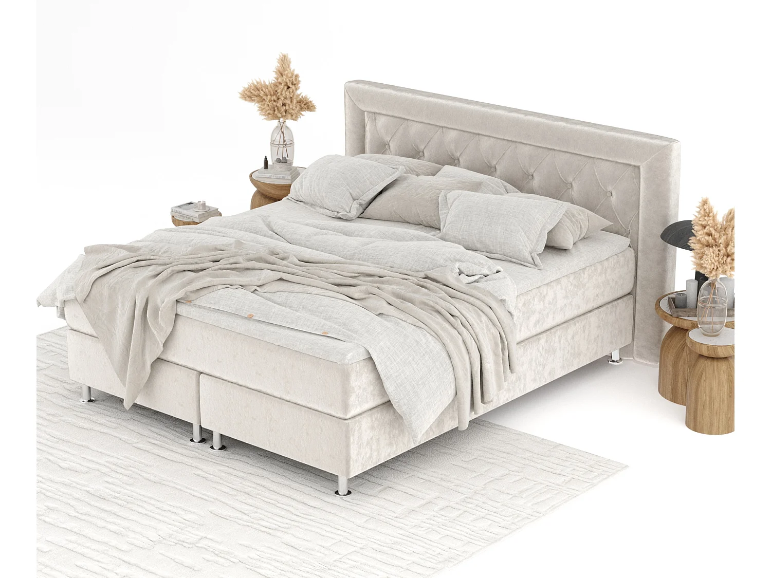 Lit boxspring en tissu velours Lavello - matelas - surmatelas - 140x200 cm - beige clair