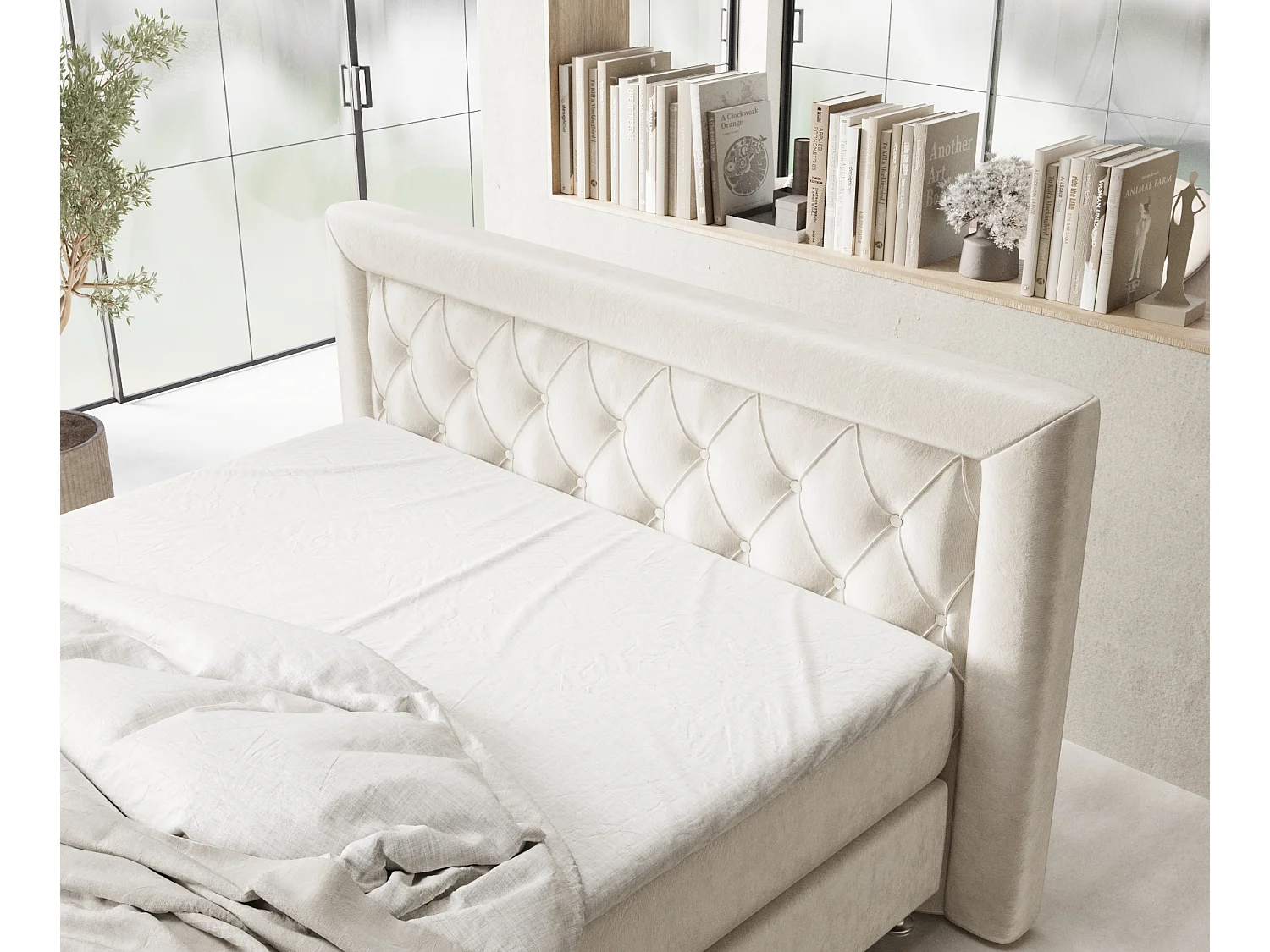 Lit boxspring en tissu velours Lavello - matelas - surmatelas - 140x200 cm - beige clair