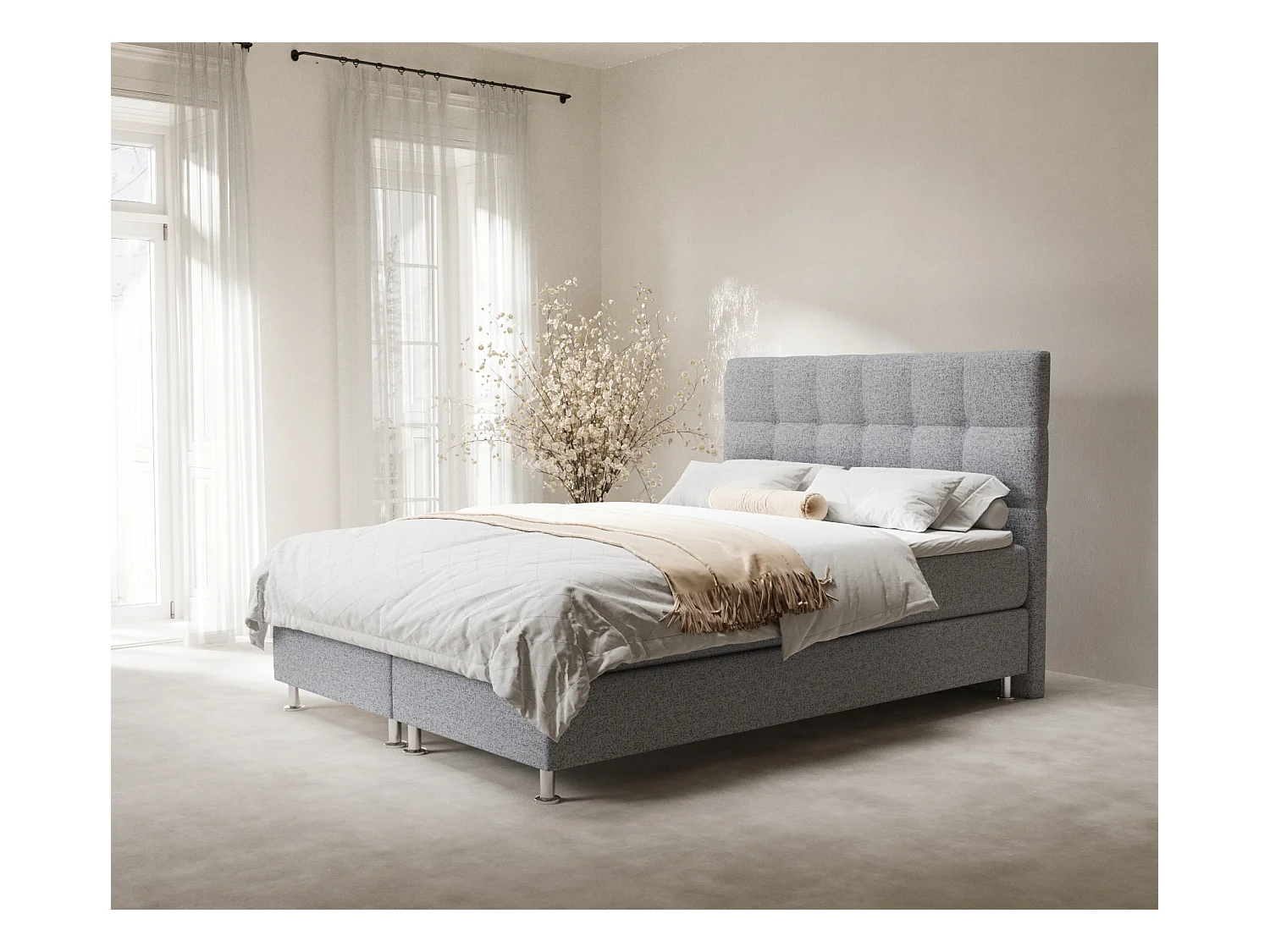 Lit boxspring en toile tissée Chanton - matelas - surmatelas - 160x200 cm - gris