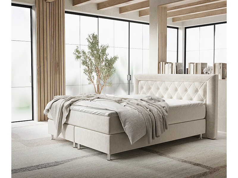 Łóżko boxspring w tkaninie welwetowej Lavello - materac - topper - 140x200 cm - jasnobeżowy