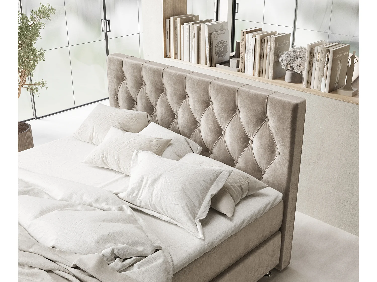 Boxspringbett aus Samtstoff Excelsior - Matratze - Toppermatratze - 140x200 cm - taupe