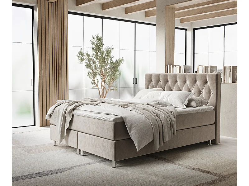 Lit boxspring en tissu velours Excelsior - matelas - surmatelas - 140x200 cm - taupe