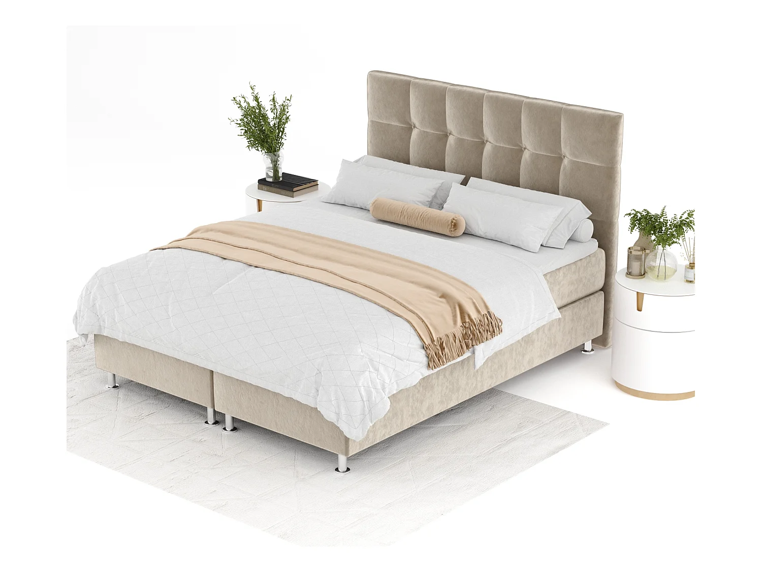 Boxspringbett aus Samtstoff Chanton - Matratze - Toppermatratze - 160x200 cm - beige