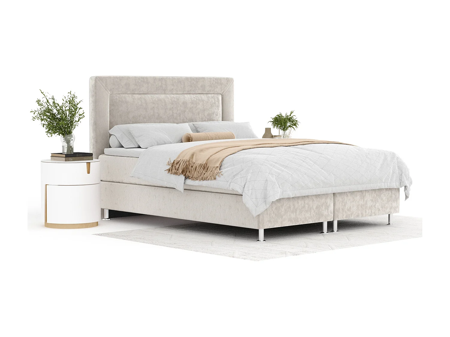 Boxspringbett aus Samtstoff Laguno - Matratze - Toppermatratze - 140x200 cm - hellbeige