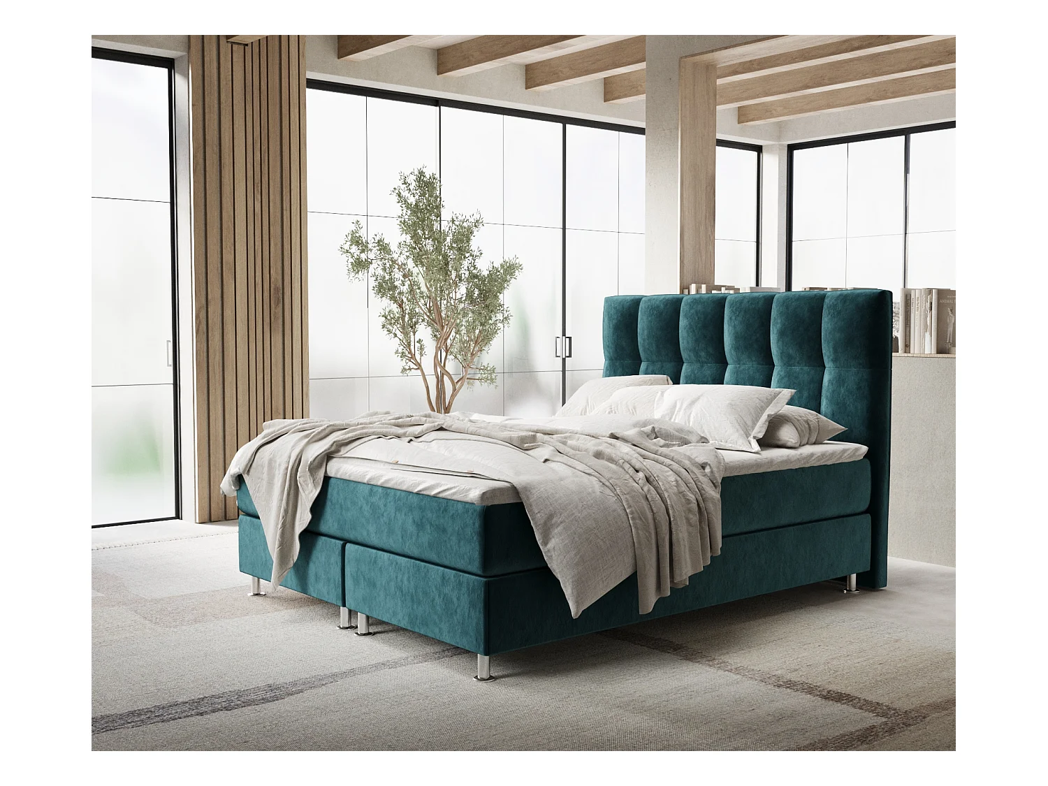 Lit boxspring en tissu velours Elisio - matelas - surmatelas - 180x200 cm - turquoise