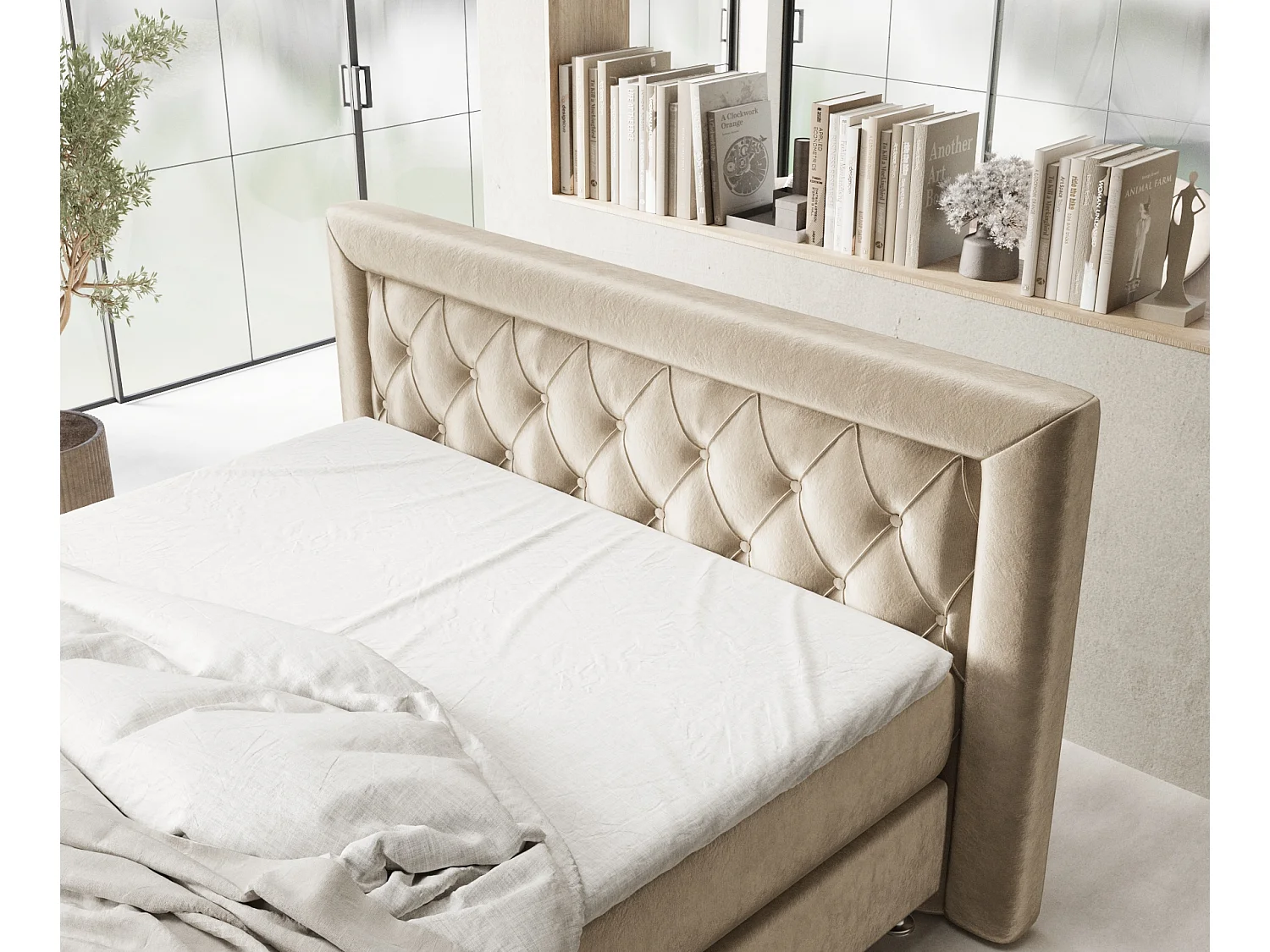 Lit boxspring en tissu velours Lavello - matelas - surmatelas - 200x200 cm - beige