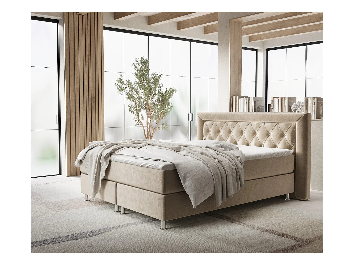 Lit boxspring en tissu velours Lavello - matelas - surmatelas - 200x200 cm - beige