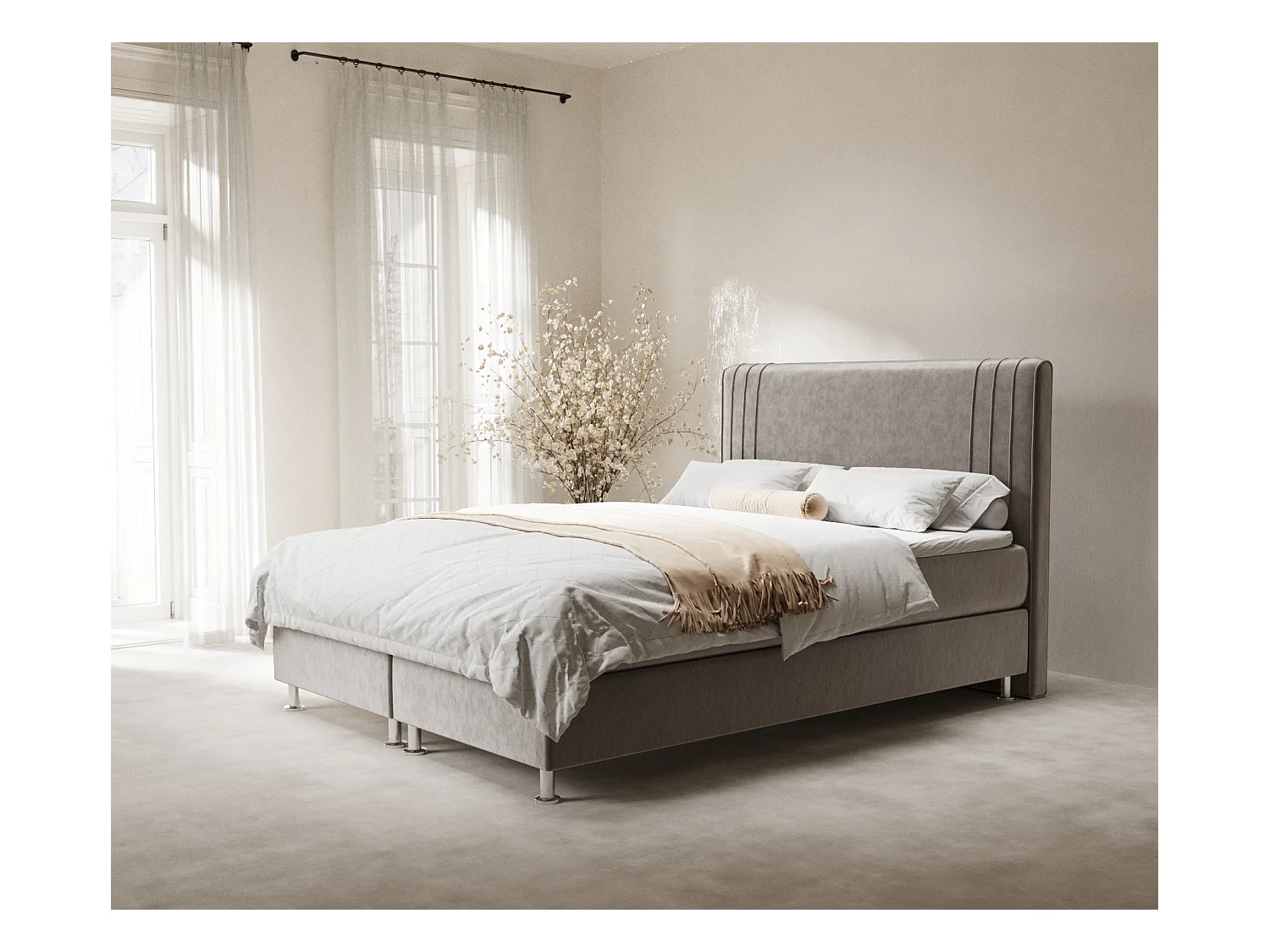 Lit boxspring en tissu velours Casone - matelas - surmatelas - 180x200 cm - taupe