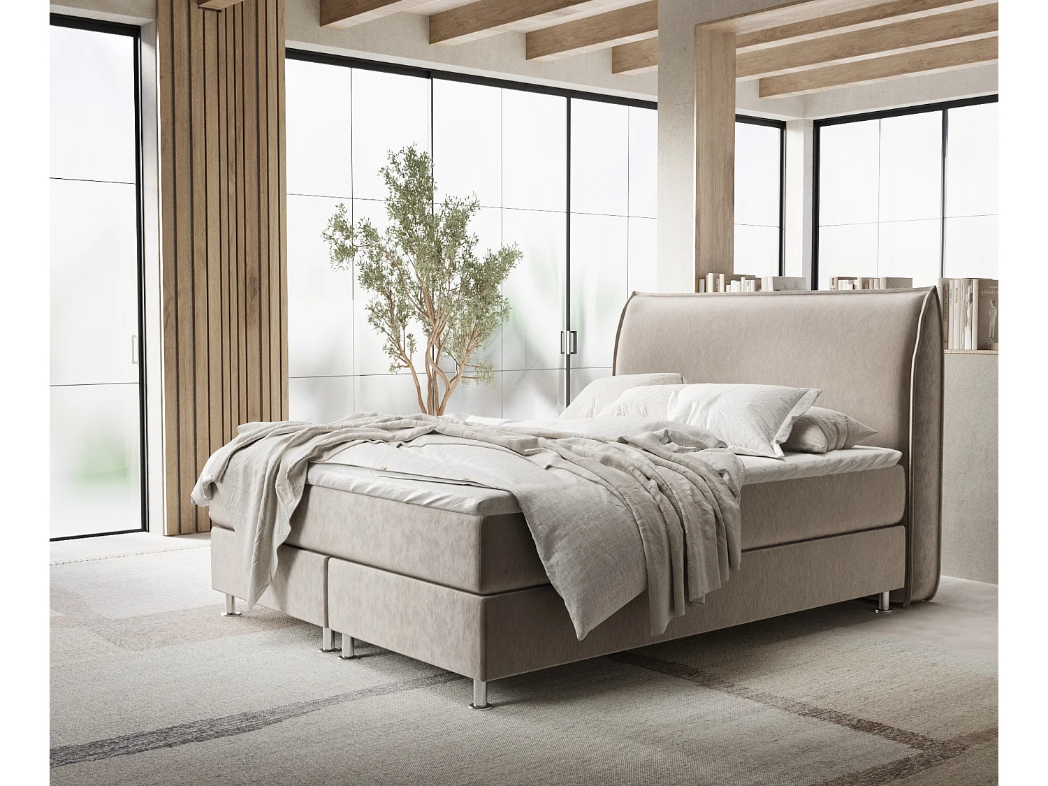 Boxspringbett aus Samtstoff Chermin - Matratze - Toppermatratze - 200x200 cm - taupe