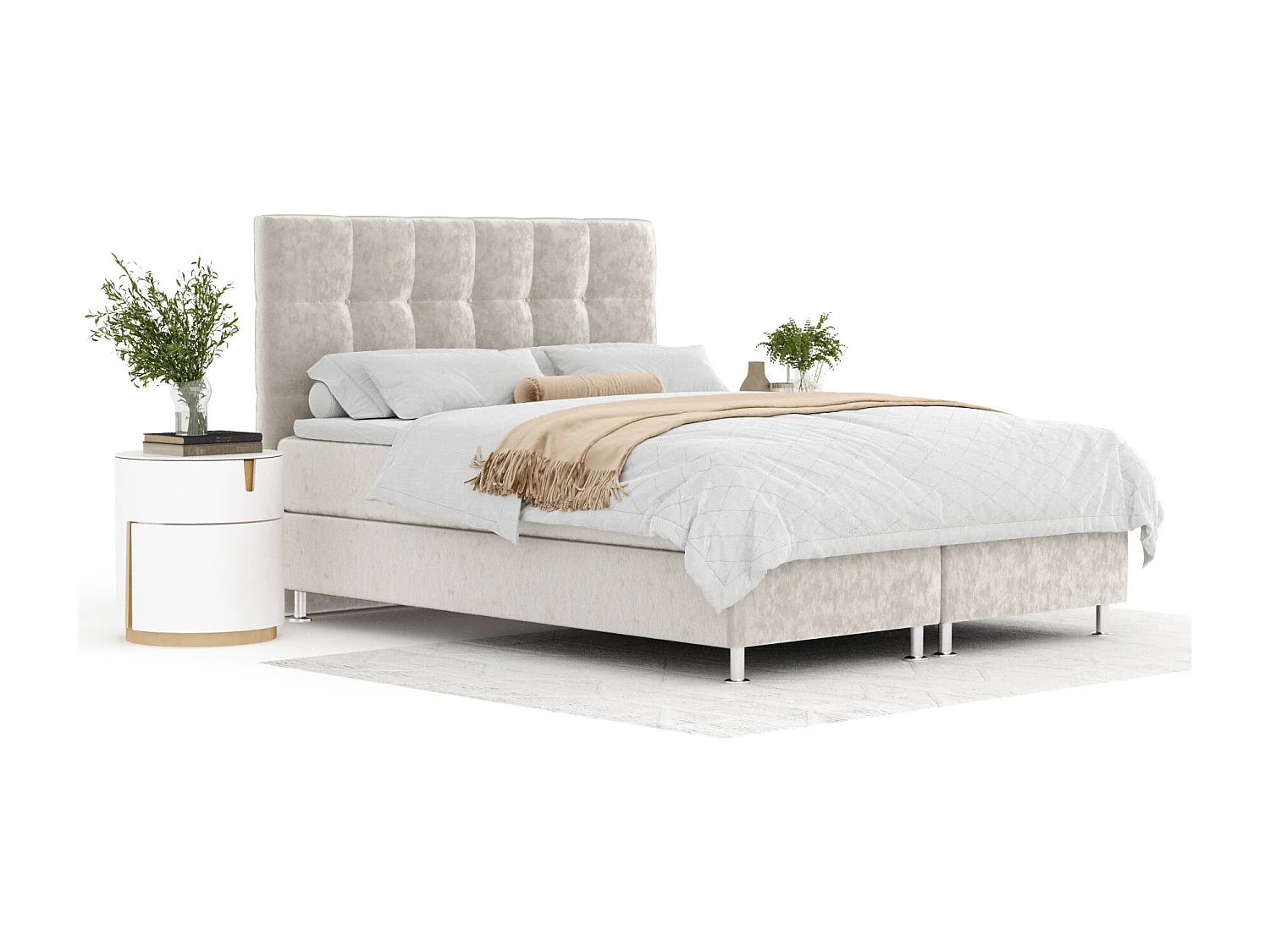 Boxspringbett aus Samtstoff Chanton - Matratze - Toppermatratze - 140x200 cm - hellbeige