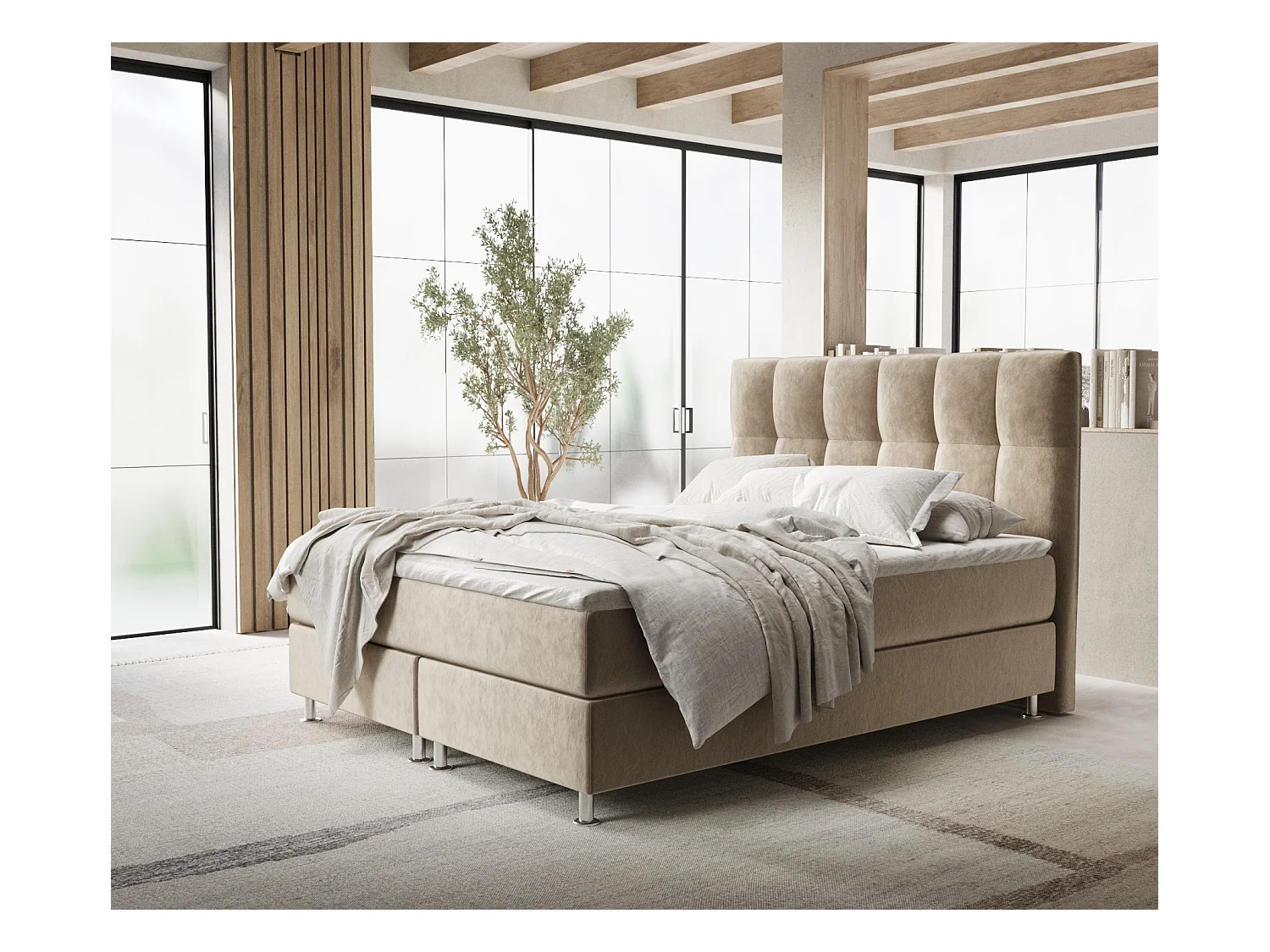 Lit boxspring en tissu velours Elisio - matelas - surmatelas - 140x200 cm - beige