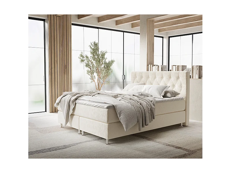 Boxspringbett aus Samtstoff Excelsior - Matratze - Toppermatratze - 180x200 cm - creme