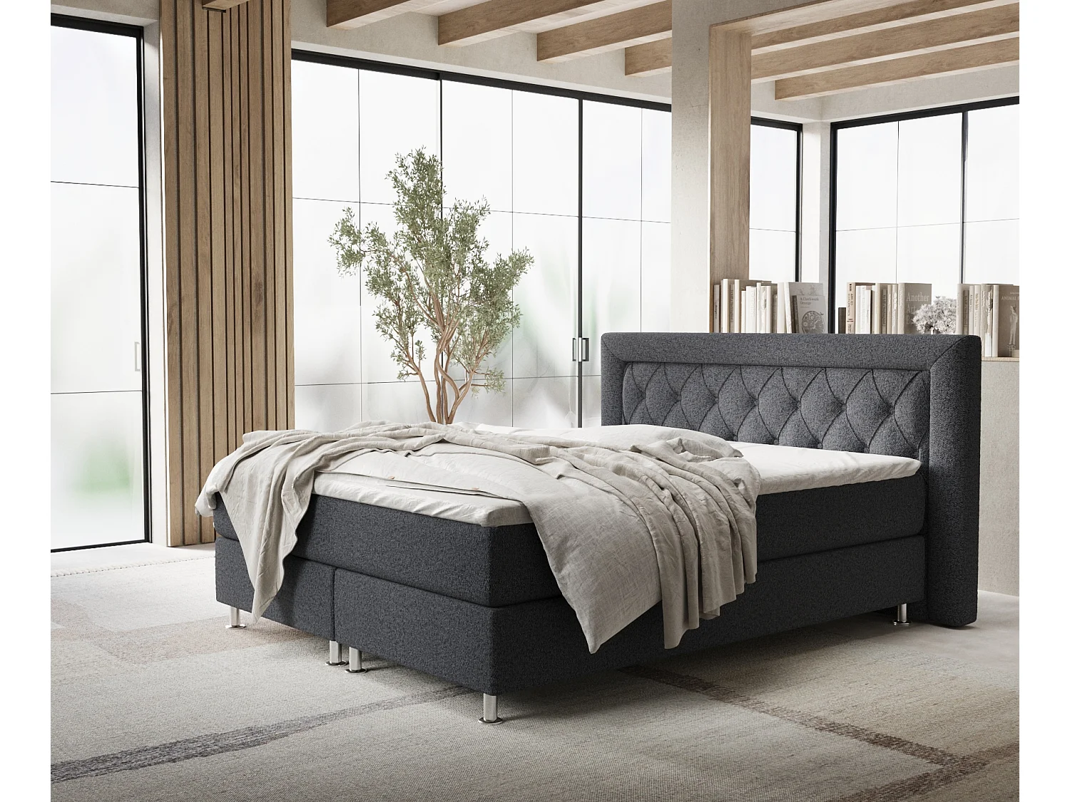 Boxspringbett aus Webstoff Lavello - Matratze - Toppermatratze - 200x200 cm - schwarz