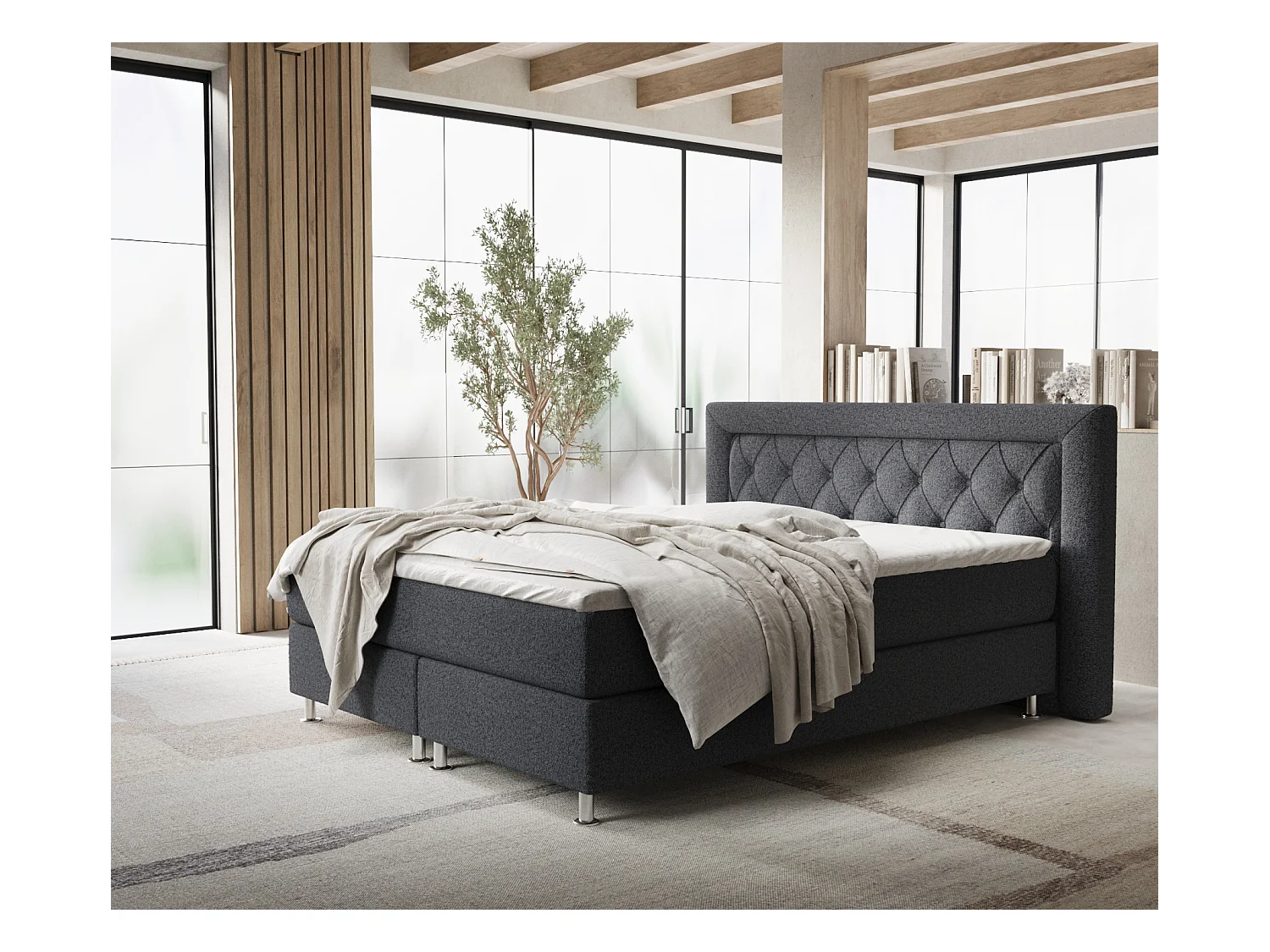Lit boxspring en toile tissée Lavello - matelas - surmatelas - 200x200 cm - noir