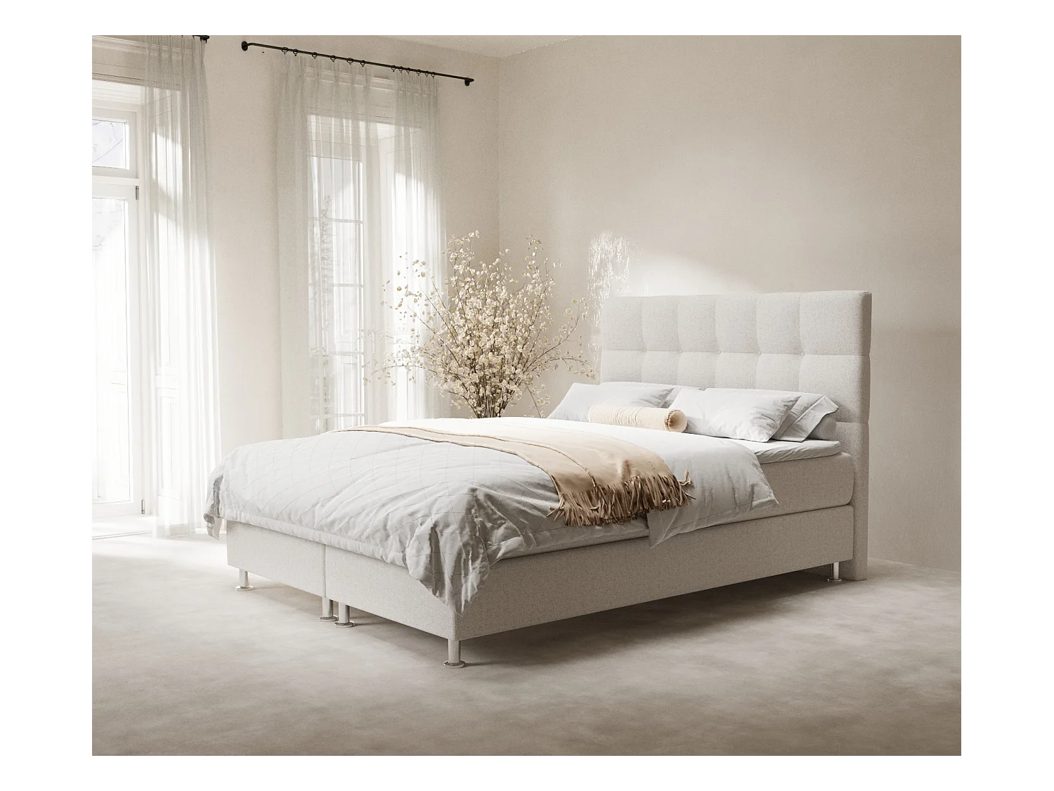 Lit boxspring en toile tissée Chanton - matelas - surmatelas - 160x200 cm - beige