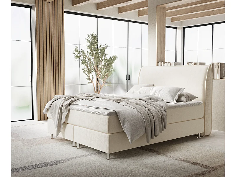 Łóżko boxspring w tkaninie welwetowej Chermin - materac - topper - 140x200 cm - kremowy