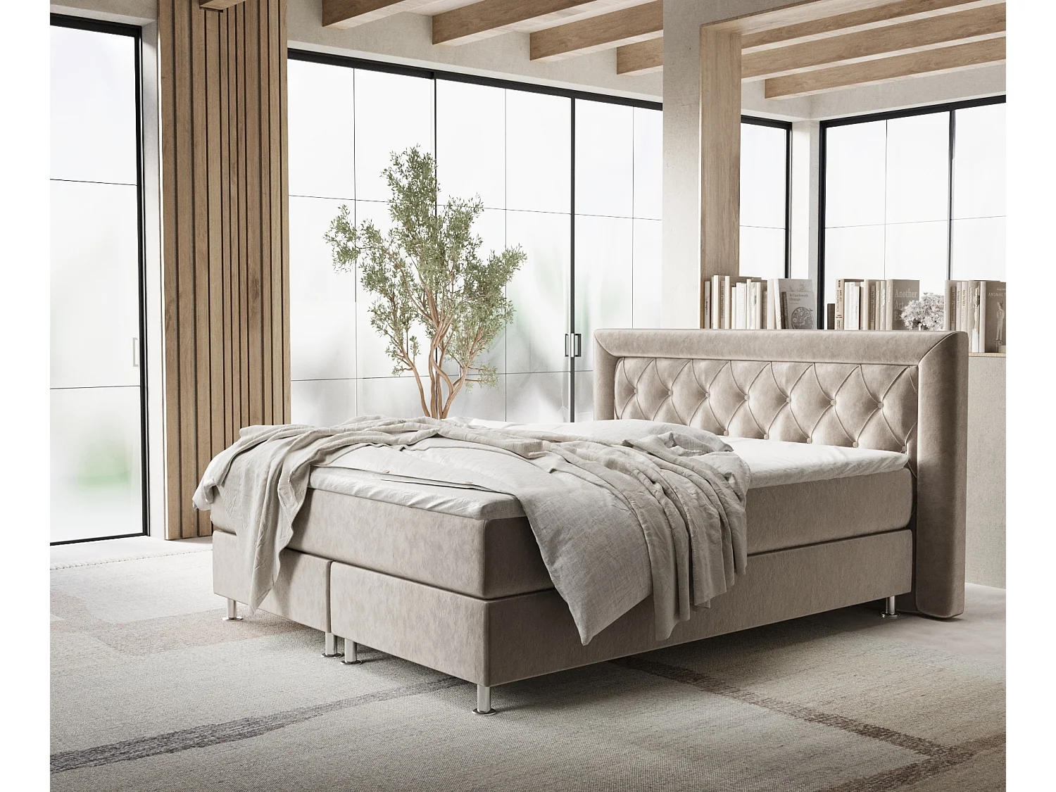 Boxspringbett aus Samtstoff Lavello - Matratze - Toppermatratze - 180x200 cm - taupe