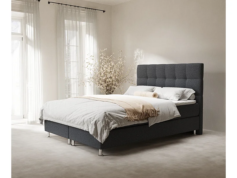 Łóżko boxspring w tkaninie plecionej Chanton - materac - topper - 200x200 cm - czarny