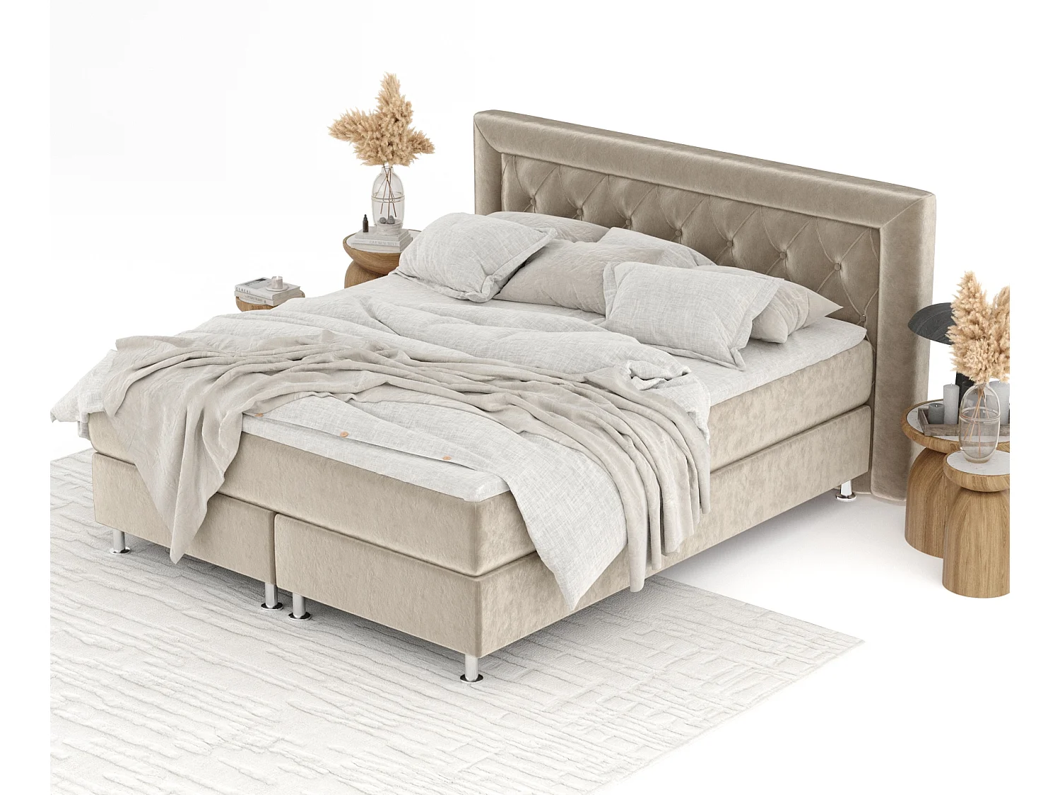 Lit boxspring en tissu velours Lavello - matelas - surmatelas - 160x200 cm - beige