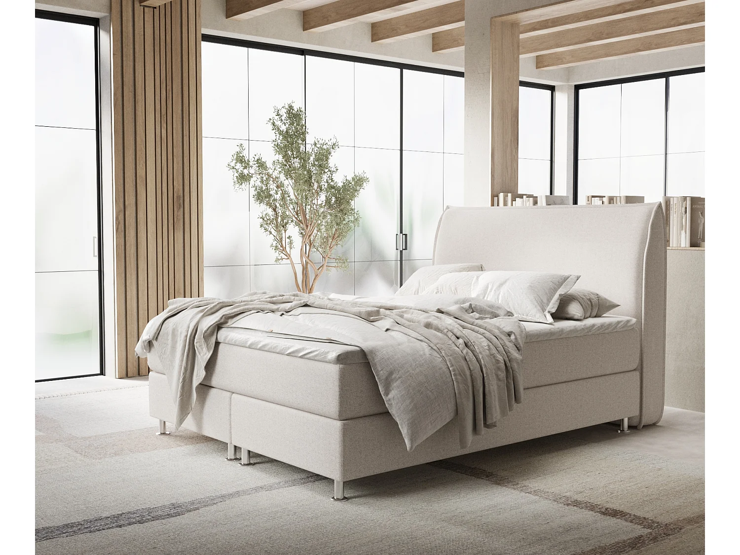 Boxspringbett aus Webstoff Chermin - Matratze - Toppermatratze - 180x200 cm - beige