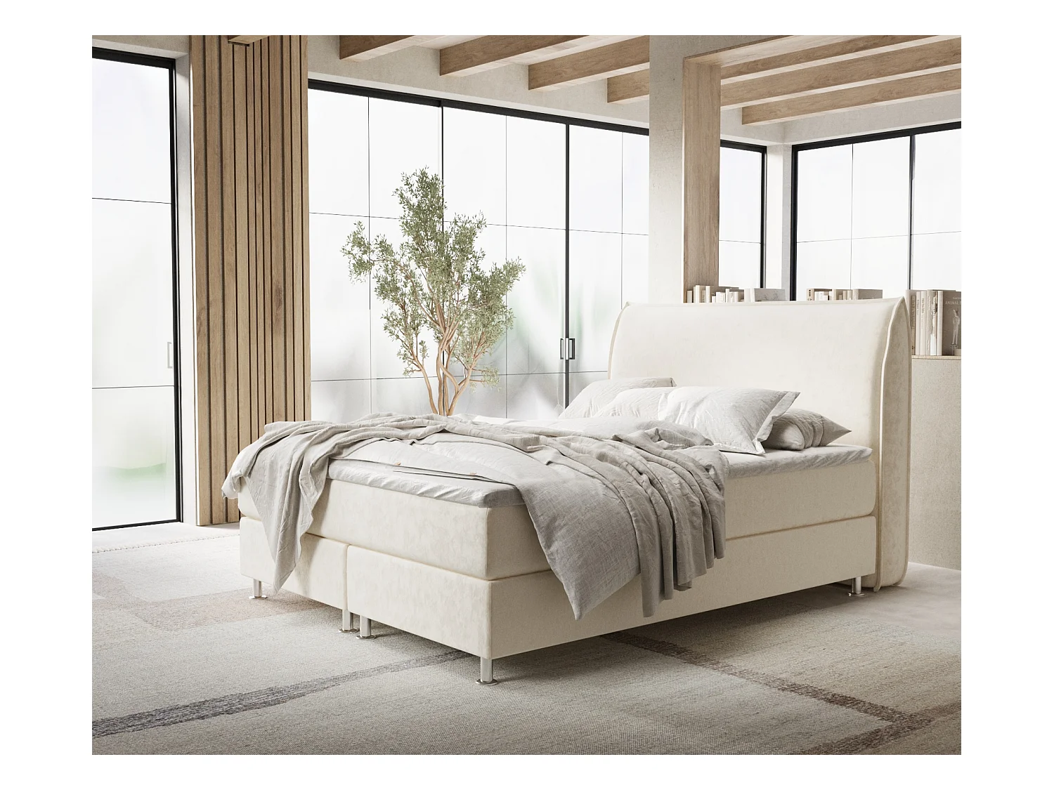 Lit boxspring en tissu velours Chermin - matelas - surmatelas - 200x200 cm - creme