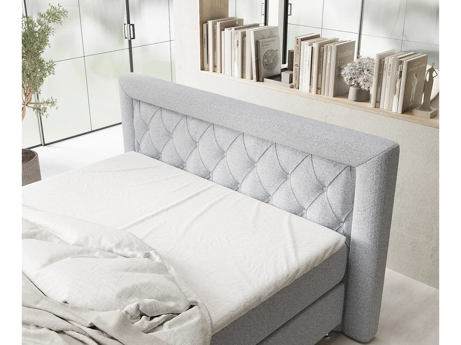 Lit boxspring en toile tissée Lavello - matelas - surmatelas - 200x200 cm - gris clair