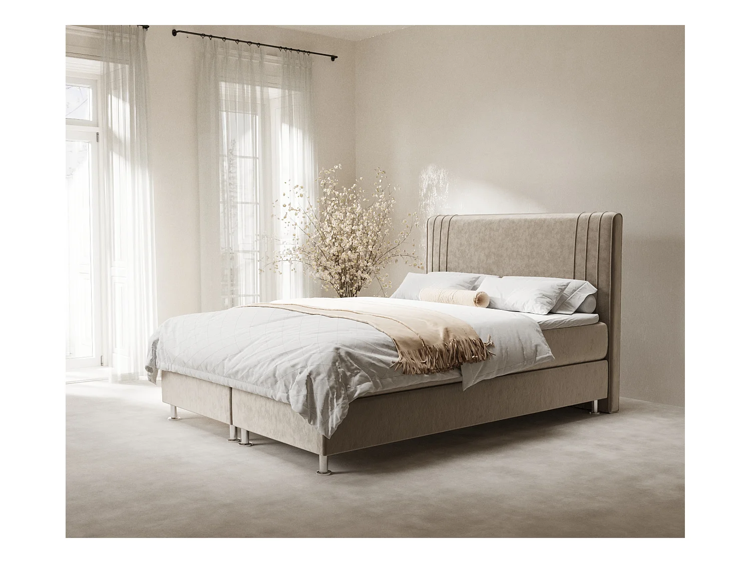 Lit boxspring en tissu velours Casone - matelas - surmatelas - 140x200 cm - beige