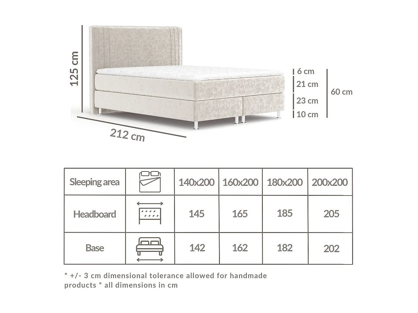 Lit boxspring en tissu velours Casone - matelas - surmatelas - 140x200 cm - beige