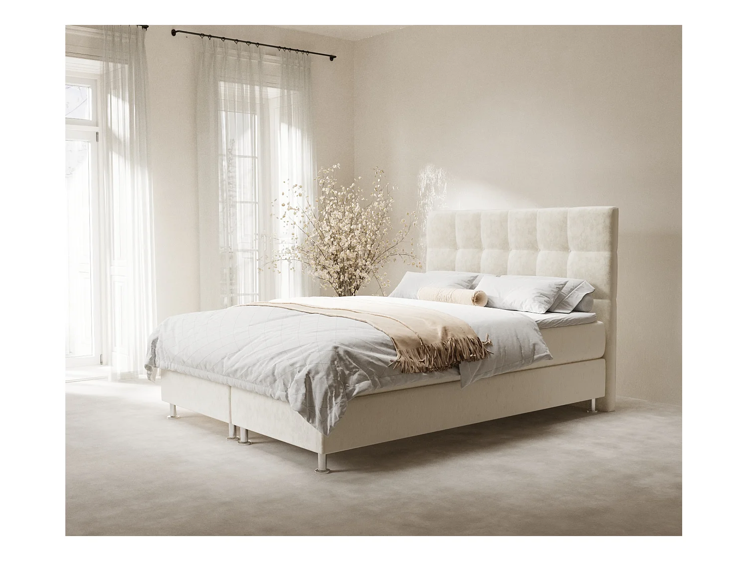 Lit boxspring en tissu velours Chanton - matelas - surmatelas - 160x200 cm - creme